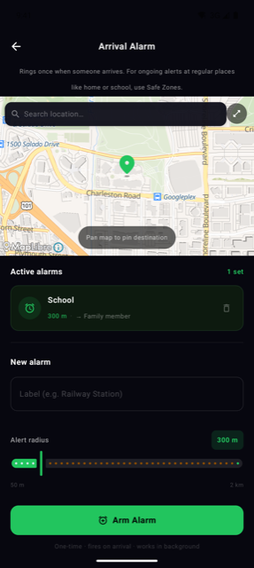 Raksha Arrival Alarm screen setting a one-time arrival alert for a family member