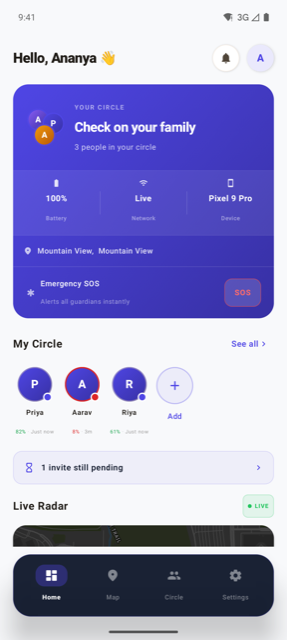 Raksha dashboard showing a Family Circle status, battery and network, and the SOS button
