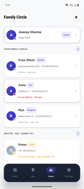Family Circle screen listing circle members with their relationship and status