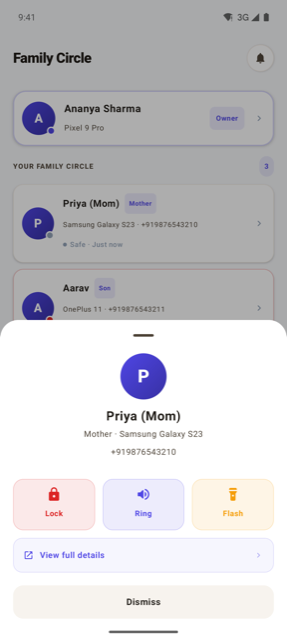 Family Circle member card showing Lock, Ring, and Flash controls