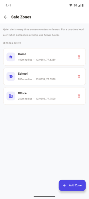 Raksha Safe Zones screen showing Home, School, and Office zones configured