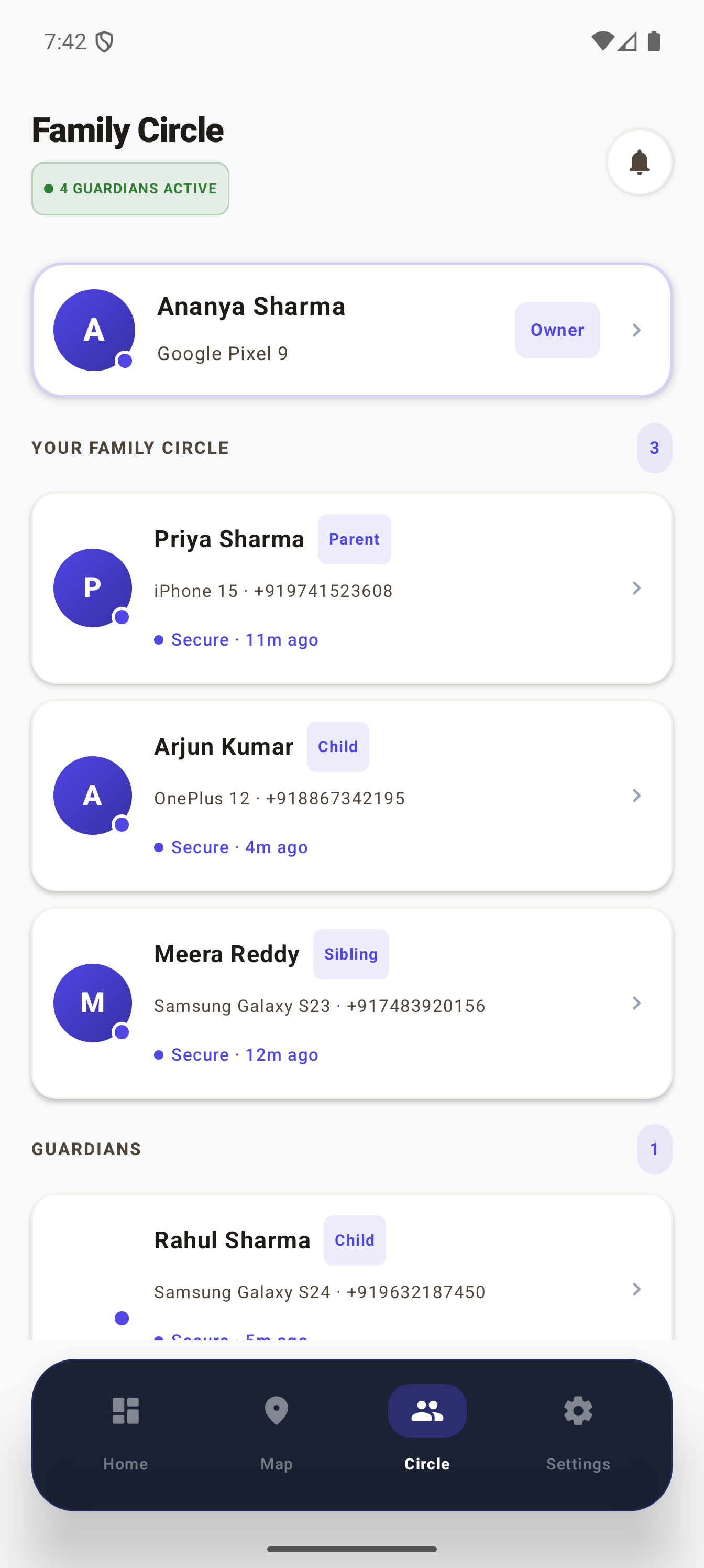 Raksha Family Circle screen showing members