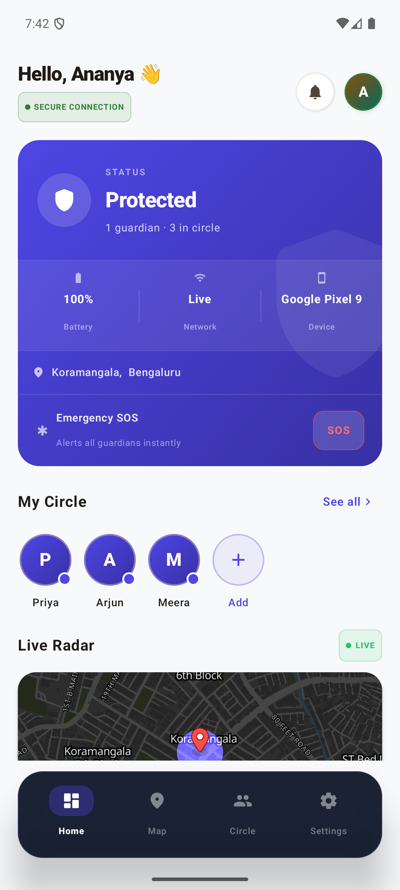 Raksha Dashboard showing status, SOS button, and family circle
