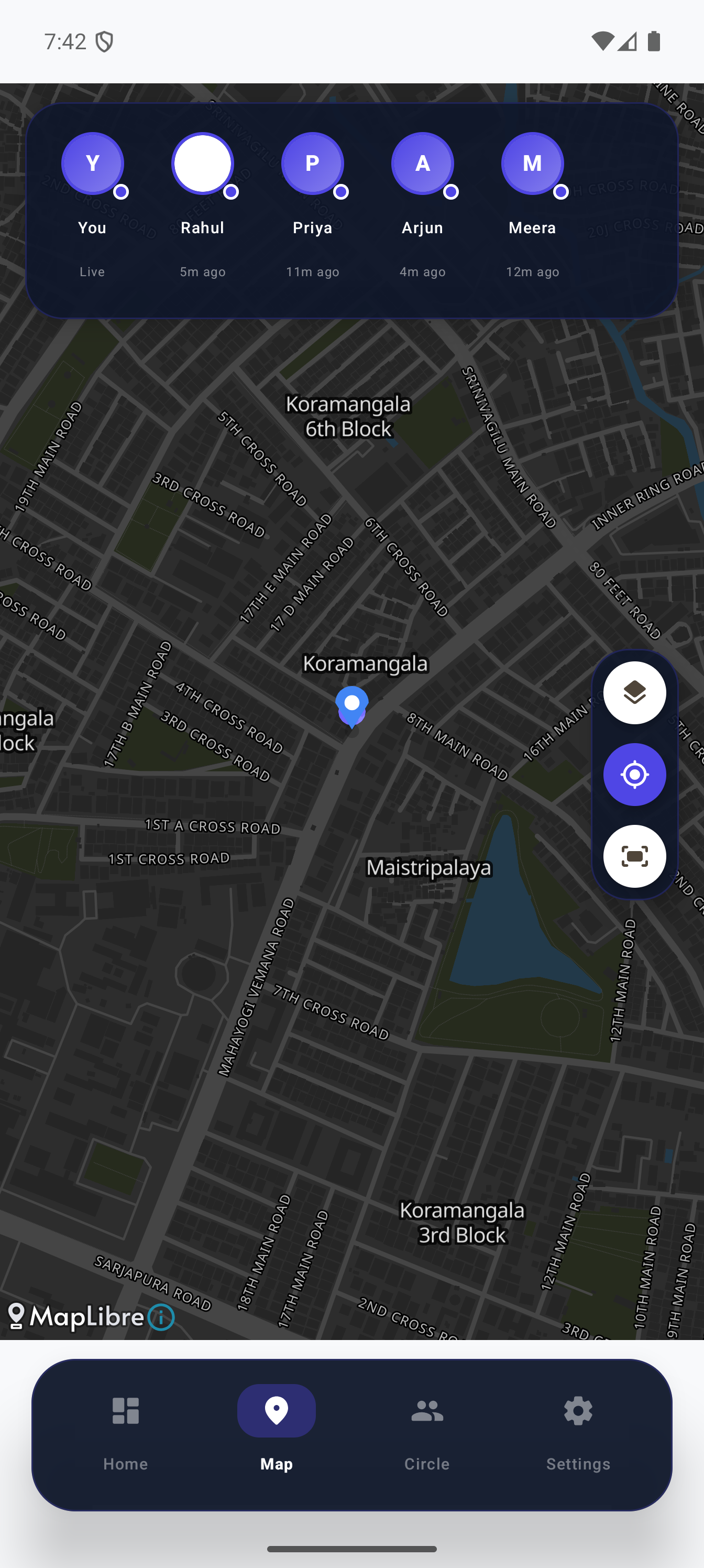 Raksha Map view showing family member locations