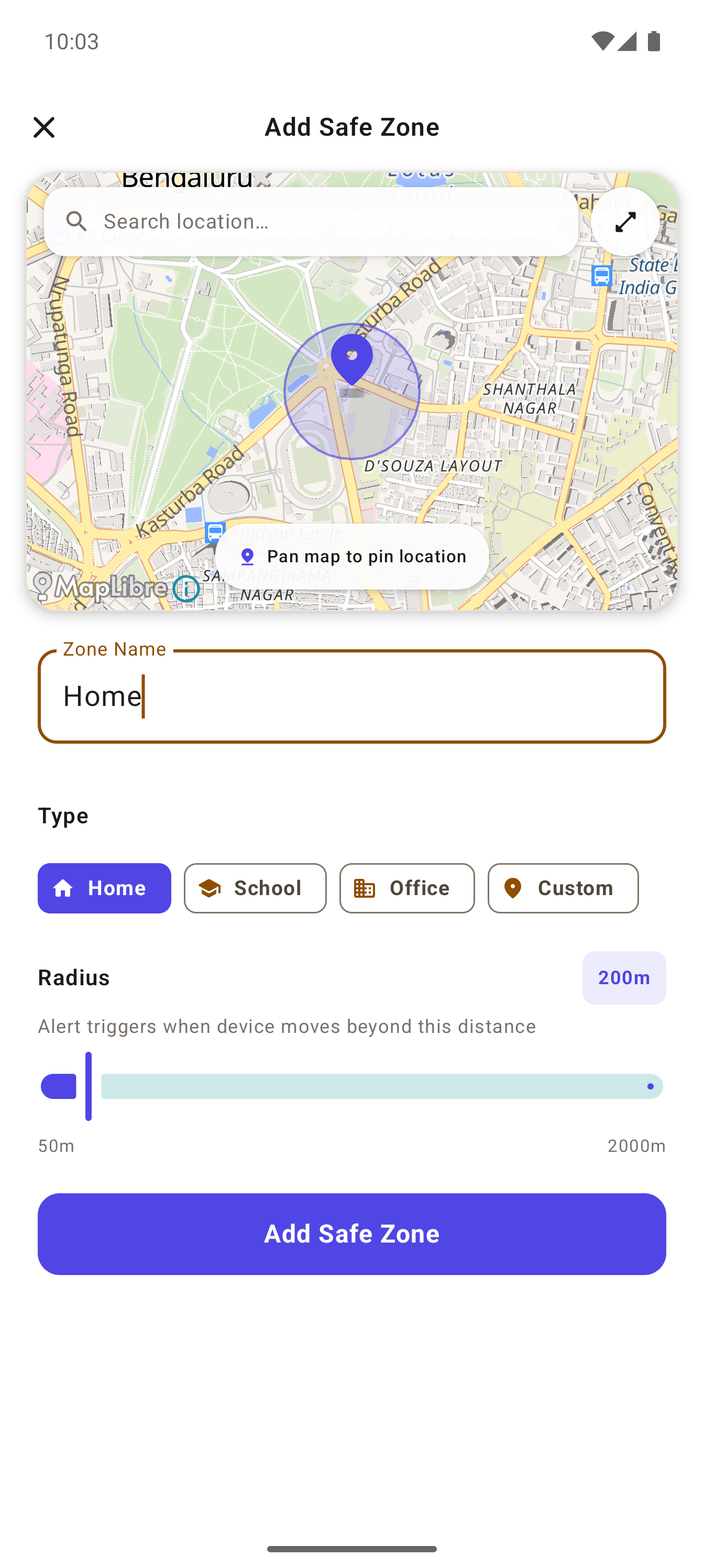 Raksha Add Safe Zone screen with a live radius circle around the map pin