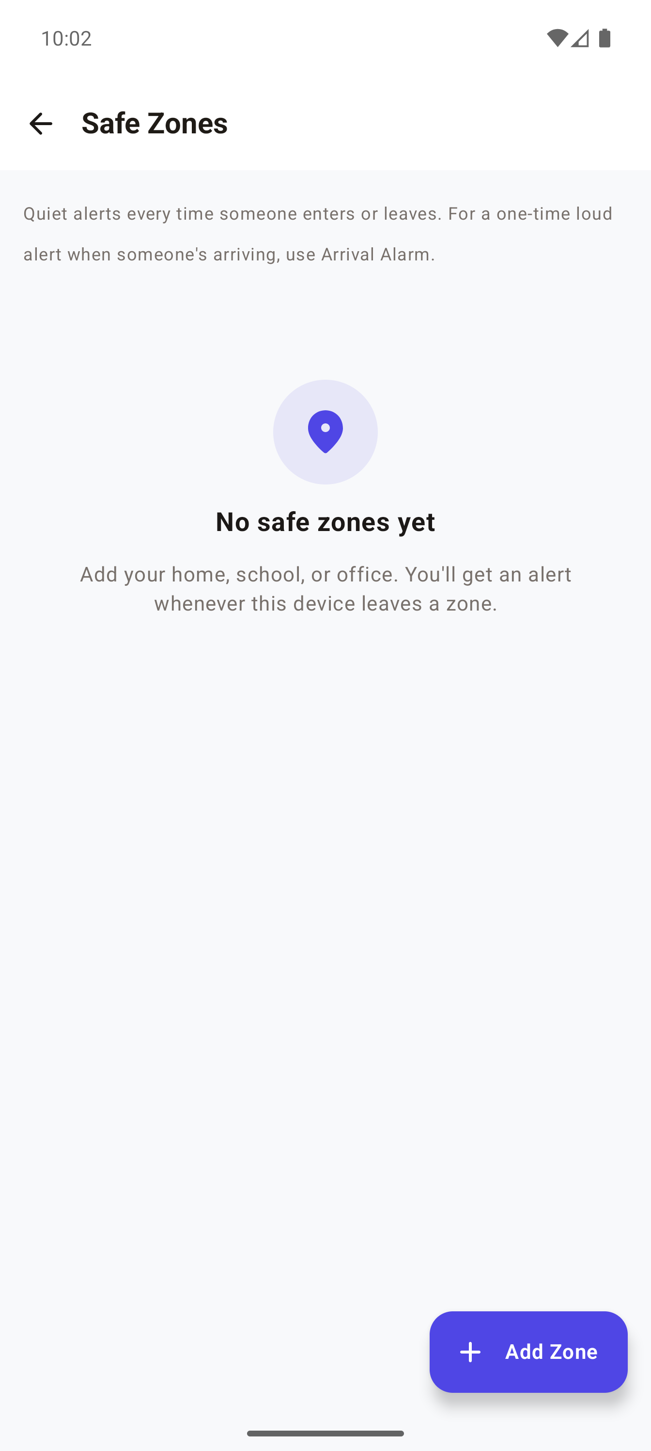 Raksha Safe Zones screen showing no zones added yet
