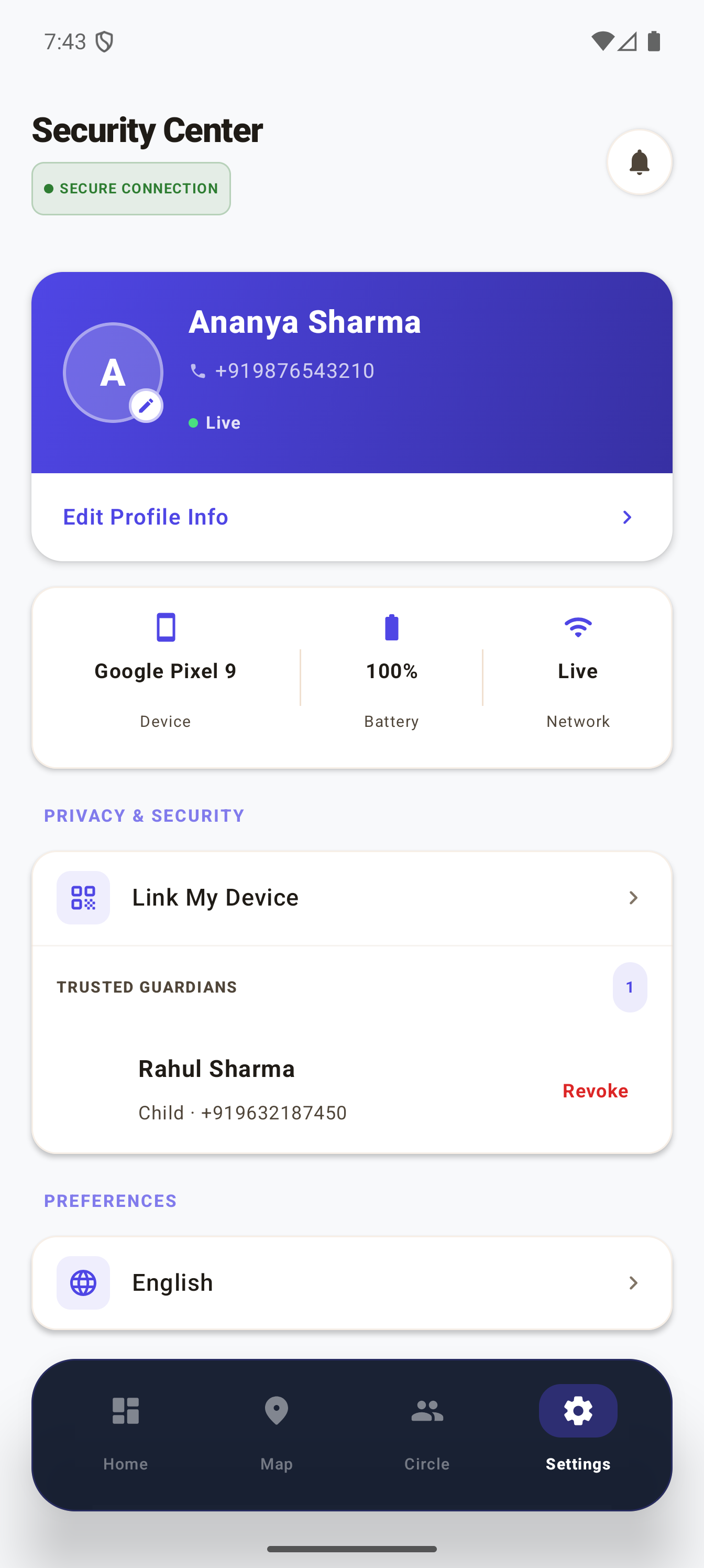 Raksha Settings screen showing profile and security options